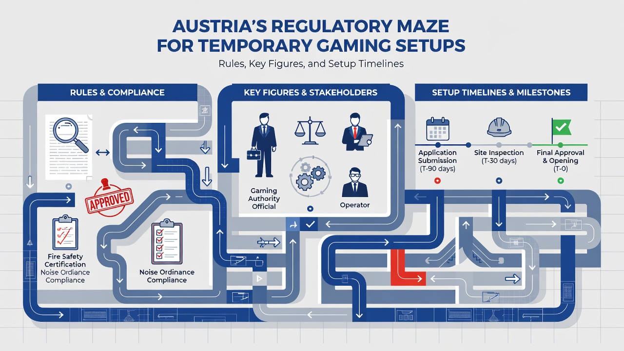 Timeline diagram showing phases for temporary gaming setup approvals in Austria
